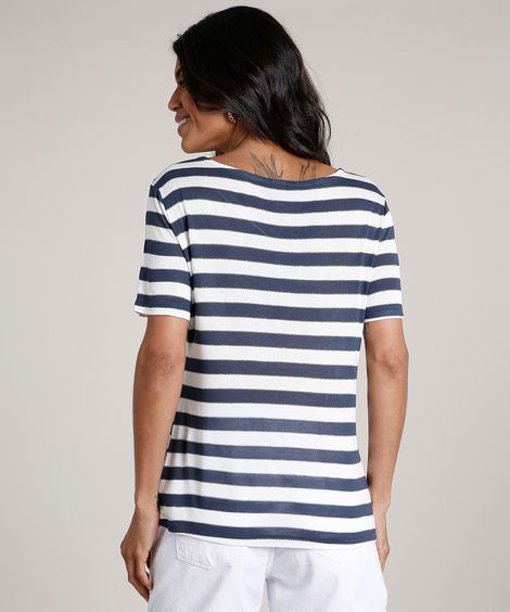 Blusa Feminina Listrada com Lurex Manga Curta Decote V Azul Marinho