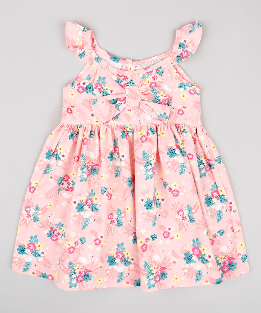 Vestido-Infantil-Estampado-Floral-com-Babado-e-Laco-Sem-Manga-Rosa-9740372-Rosa_1