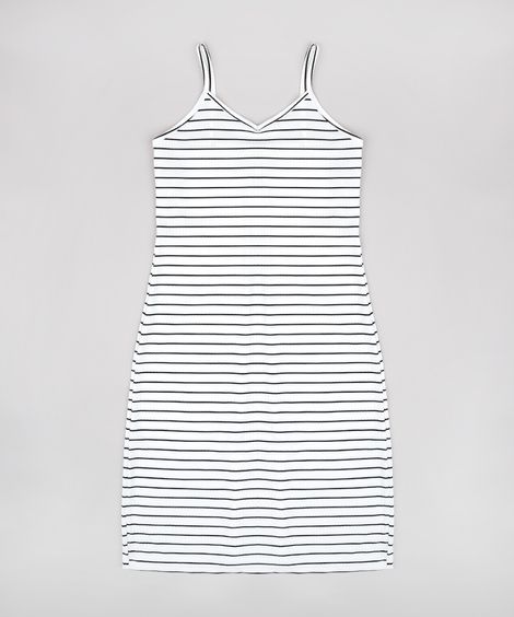 Vestido Juvenil Midi Canelado Listrado com Fenda Alça Fina Off White