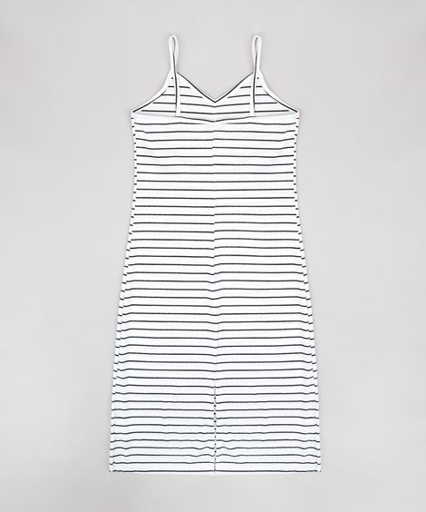 Vestido Juvenil Midi Canelado Listrado com Fenda Alça Fina Off White