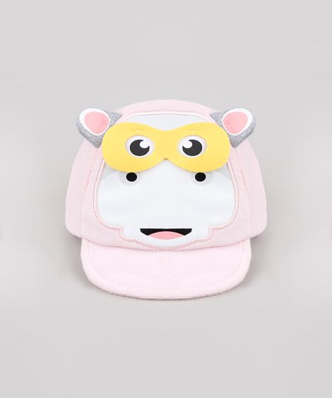Boné Infantil Fisher Price Aba Reta em Pelúcia com Estampa Interativa de Hipopótamo Rosa