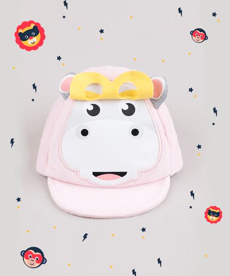Boné Infantil Fisher Price Aba Reta em Pelúcia com Estampa Interativa de Hipopótamo Rosa