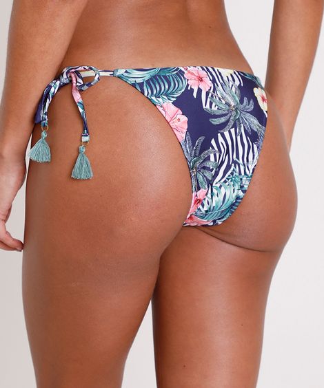 Biquíni Calcinha Tanga Estampado Floral Animal Print Zebra com Proteção UV50+ Azul Marinho