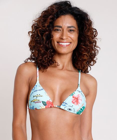 Biquíni Top Cortininha Estampado Tropical com Bojo Removível e Proteção UV50+ Verde Água