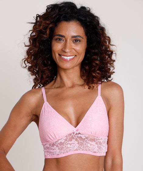 Sutiã Triângulo Cropped em Renda Sem Bojo e Aro Rosa
