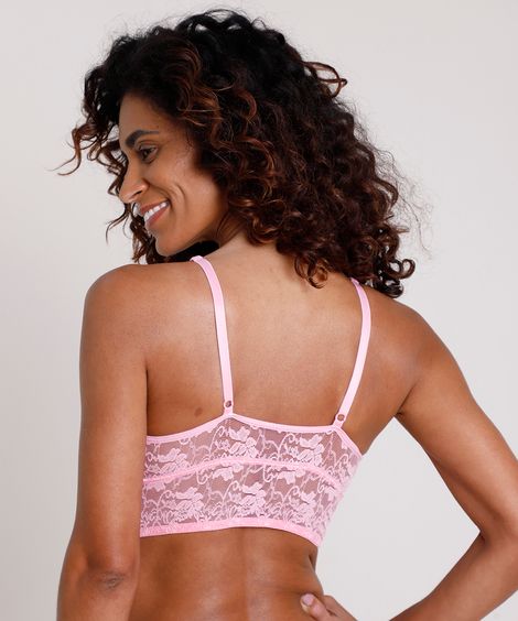 Sutiã Triângulo Cropped em Renda Sem Bojo e Aro Rosa