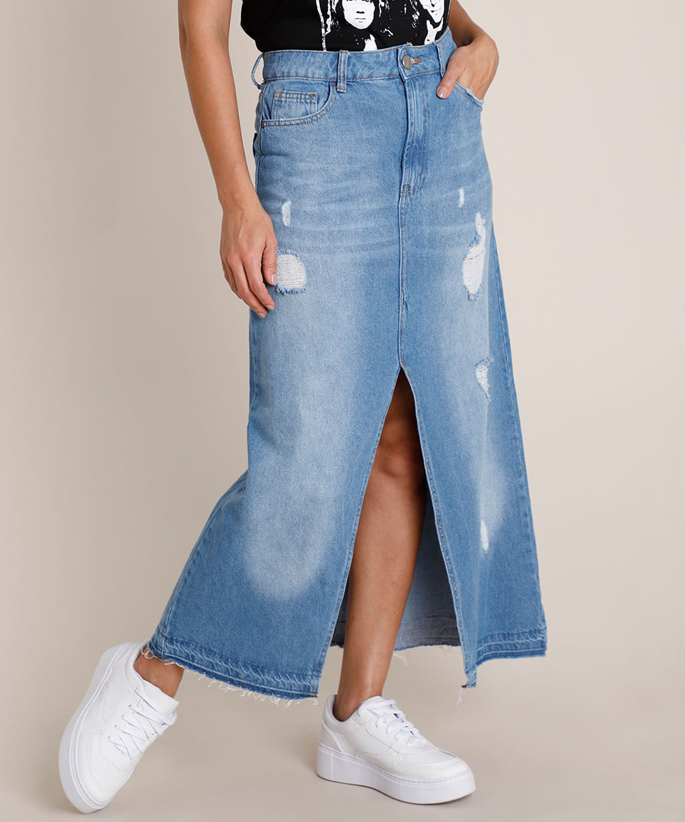 Saia Jeans Feminina Longa Destroyed com Fenda Azul Médio Menor preço em Saia Jeans Feminina Longa Destroyed com Fenda Azul Médio