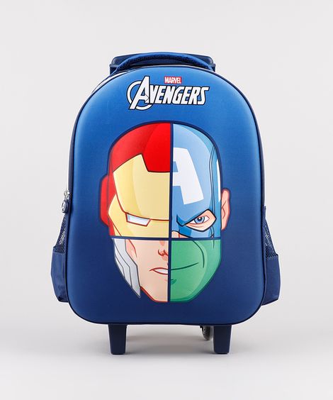 Mochila Escolar Infantil Os Vingadores com Rodinhas Azul