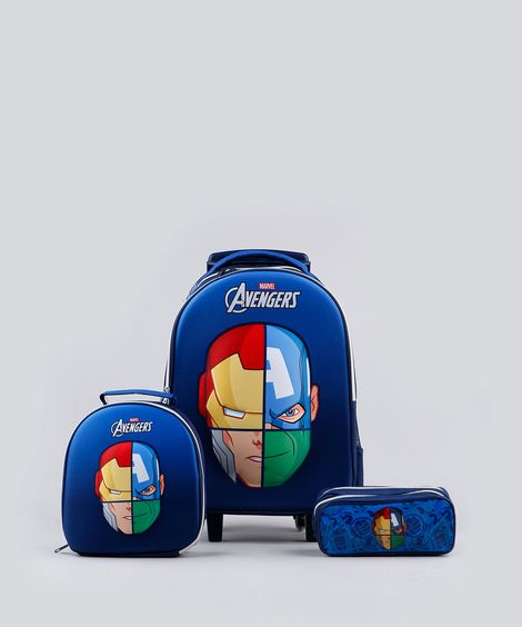 Mochila Escolar Infantil Os Vingadores com Rodinhas Azul