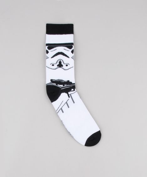 Meia Masculina Cano Alto Tal Pai Tal Filho Divertida Stormtrooper Star Wars Estampada Branca