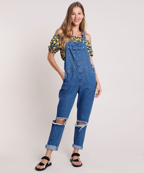 Macacão Jeans Feminino Relaxed com Rasgos Azul Escuro
