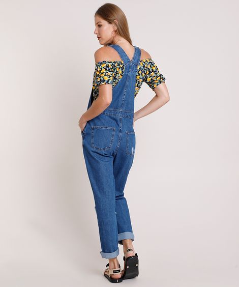 Macacão Jeans Feminino Relaxed com Rasgos Azul Escuro