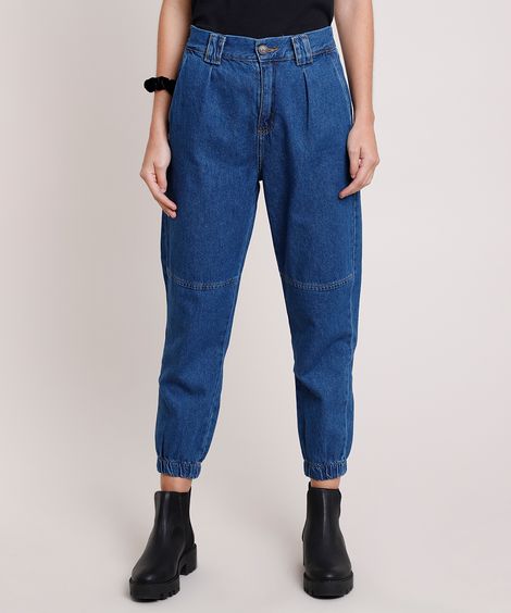 Calça Jeans Feminina Jogger Cintura Super Alta com Recorte Azul Escuro