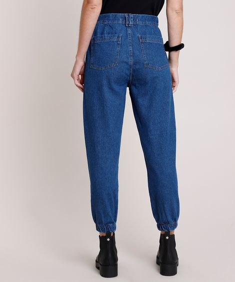 Calça Jeans Feminina Jogger Cintura Super Alta com Recorte Azul Escuro