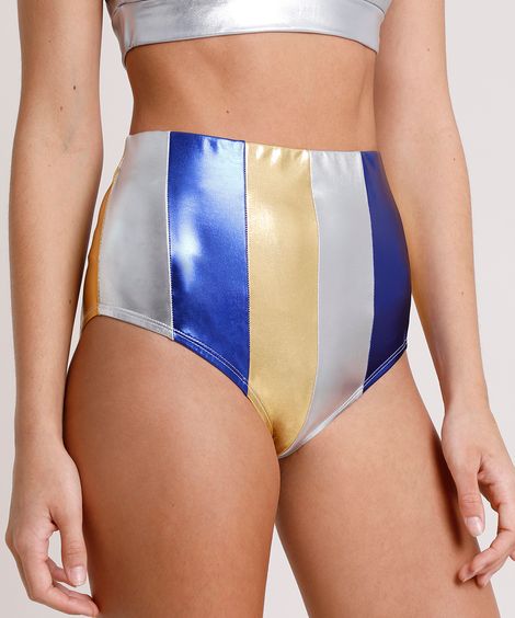 Hot Pant Feminino Carnaval Mindset Metalizado Listrado com Recortes Multicor