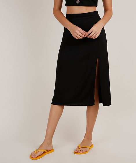 Saia Feminina Midi com Fenda Preta
