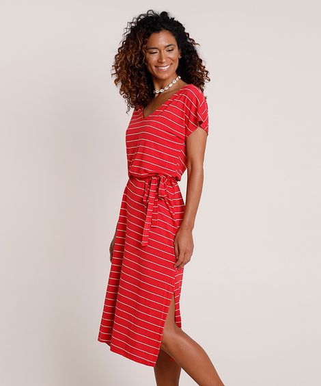 Vestido Feminino Midi Listrado com Fendas e Faixa para Amarrar Manga Curta Vermelho