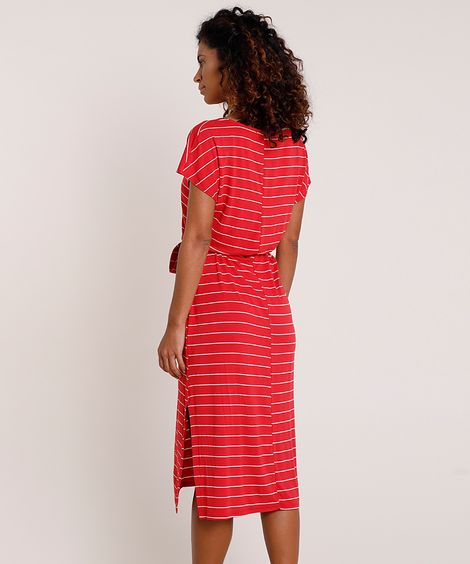 Vestido Feminino Midi Listrado com Fendas e Faixa para Amarrar Manga Curta Vermelho