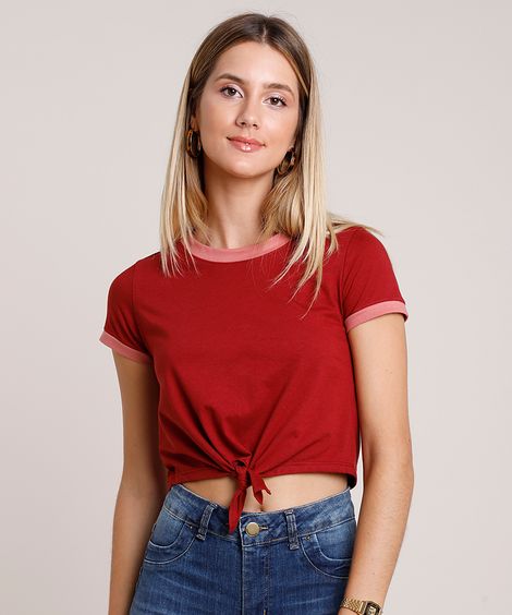 Blusa Feminina Básica com Amarração Manga Curta Decote Redondo Vermelha
