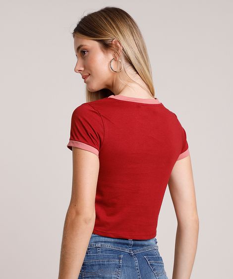 Blusa Feminina Básica com Amarração Manga Curta Decote Redondo Vermelha
