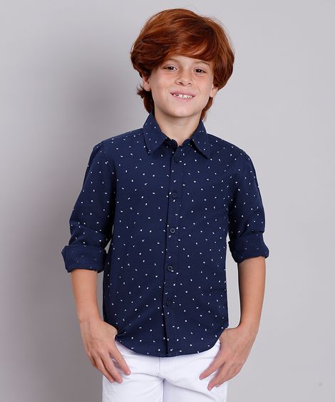 Camisa Infantil Estampada Mini Print de Letras Manga Longa Azul Marinho