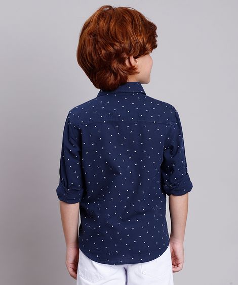 Camisa Infantil Estampada Mini Print de Letras Manga Longa Azul Marinho