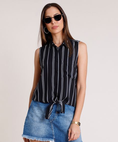 Camisa Feminina Listrada com Bolso e Nó Sem Manga Preta