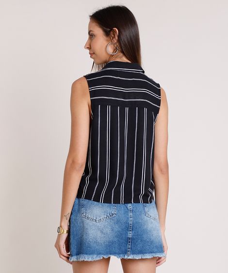 Camisa Feminina Listrada com Bolso e Nó Sem Manga Preta