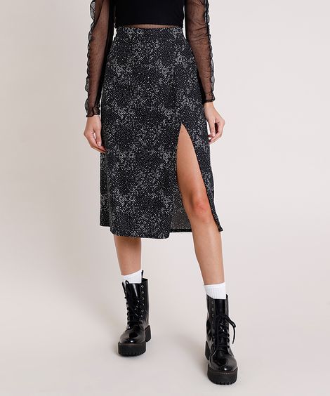 Saia Feminina Midi Estampada de Respingo com Fenda Preta