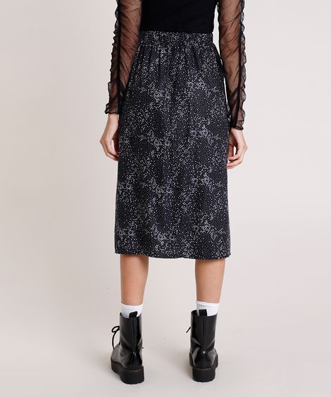 Saia Feminina Midi Estampada de Respingo com Fenda Preta