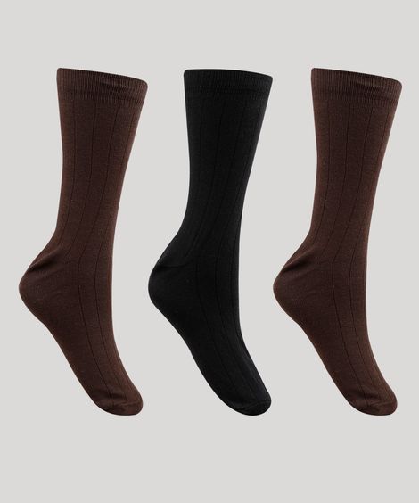 Kit de 3 Meias Masculinas Cano Alto Caneladas Multicor