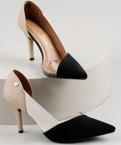 Scarpin Feminino Vizzano Salto Alto com Recorte em Vinil  Bege