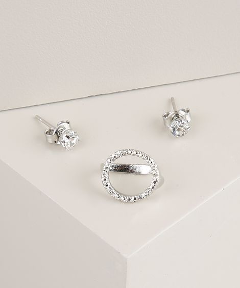 Kit de Brinco + Piercing Folheados com Strass Prateado