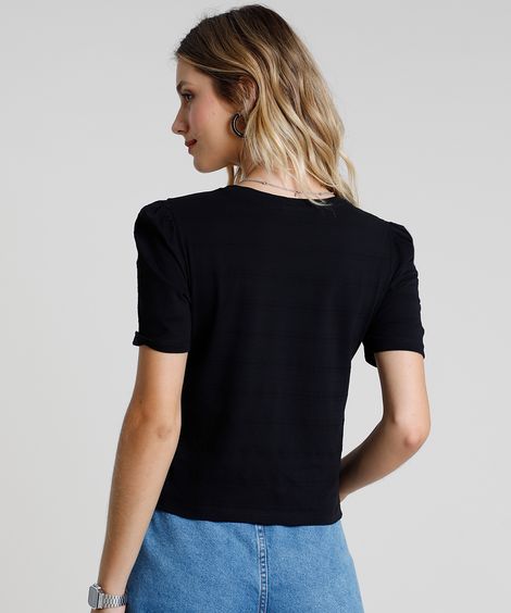 Blusa Feminina Básica Texturizada Manga Bufante Decote Redondo Preta