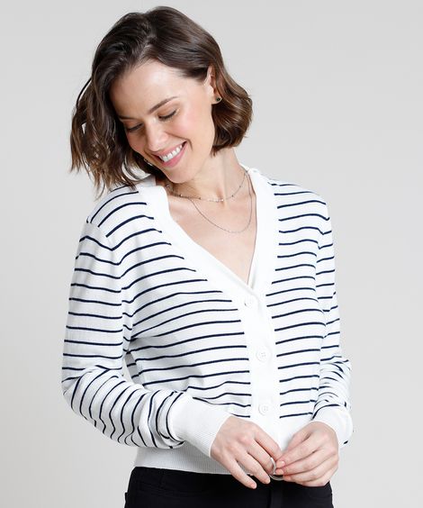 Cardigan Feminino Básico Listrado em Tricô com Botões  Off White