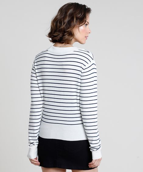 Cardigan Feminino Básico Listrado em Tricô com Botões  Off White