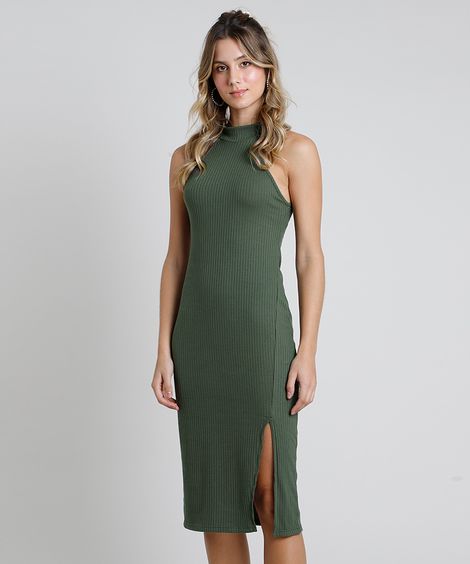 Vestido Feminino Midi Halter Neck Canelado com Fenda Gola Alta Verde Militar