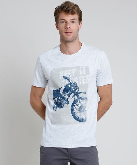 Camiseta Masculina Motocicleta Manga Curta Gola Careca Cinza Mescla Claro