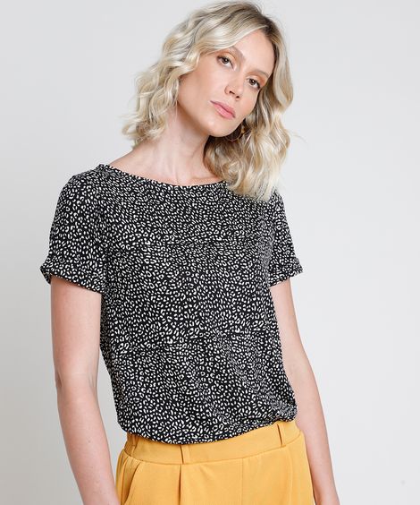 Blusa Feminina Estampada Animal Print Onça Manga Curta Decote Redondo Preta