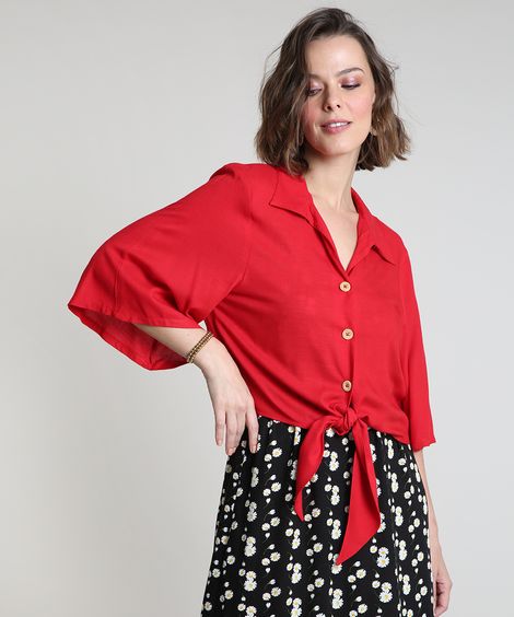 Camisa Feminina com Nó Manga Ampla Vermelha