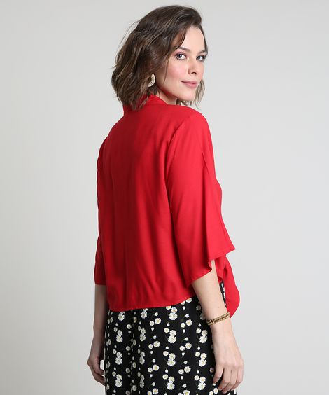 Camisa Feminina com Nó Manga Ampla Vermelha