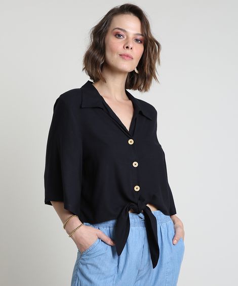 Camisa Feminina com Nó Manga Ampla Preta