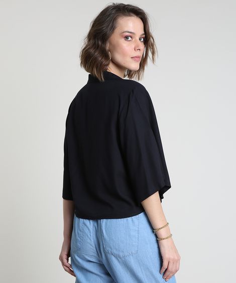 Camisa Feminina com Nó Manga Ampla Preta