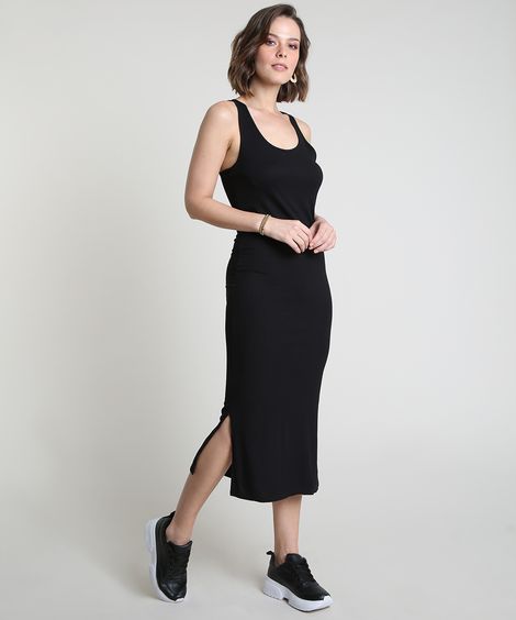 Vestido Feminino Midi Canelado com Fendas Decote Nadador Preto