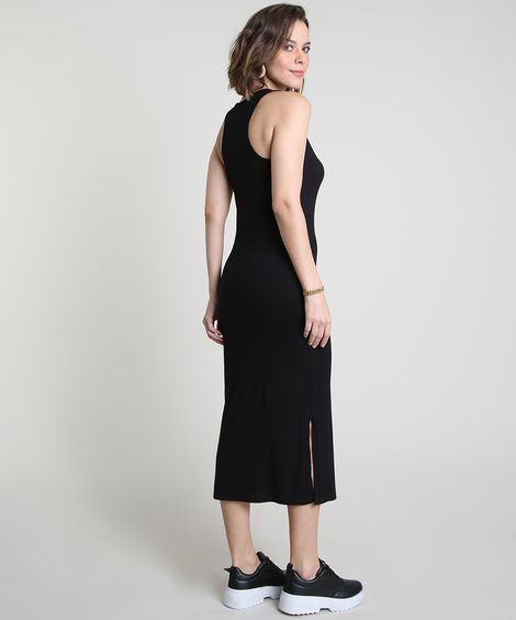 Vestido Feminino Midi Canelado com Fendas Decote Nadador Preto