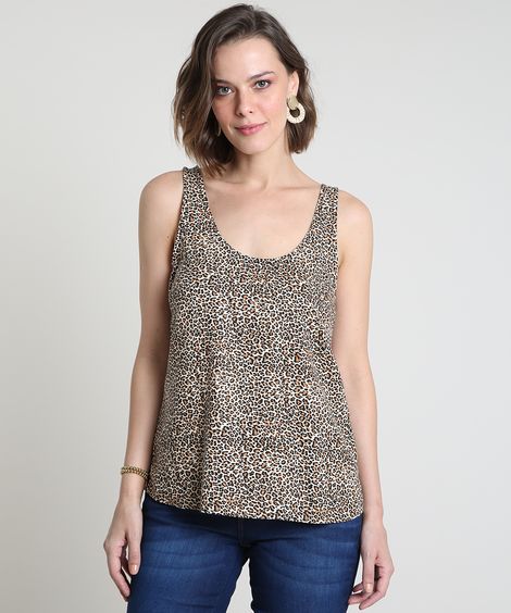 Regata Feminina Ampla Estampada Animal Print Onça Decote Redondo Bege Claro