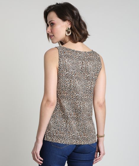 Regata Feminina Ampla Estampada Animal Print Onça Decote Redondo Bege Claro
