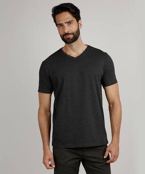 Camiseta Masculina Básica Manga Curta Gola V Cinza Mescla Escuro
