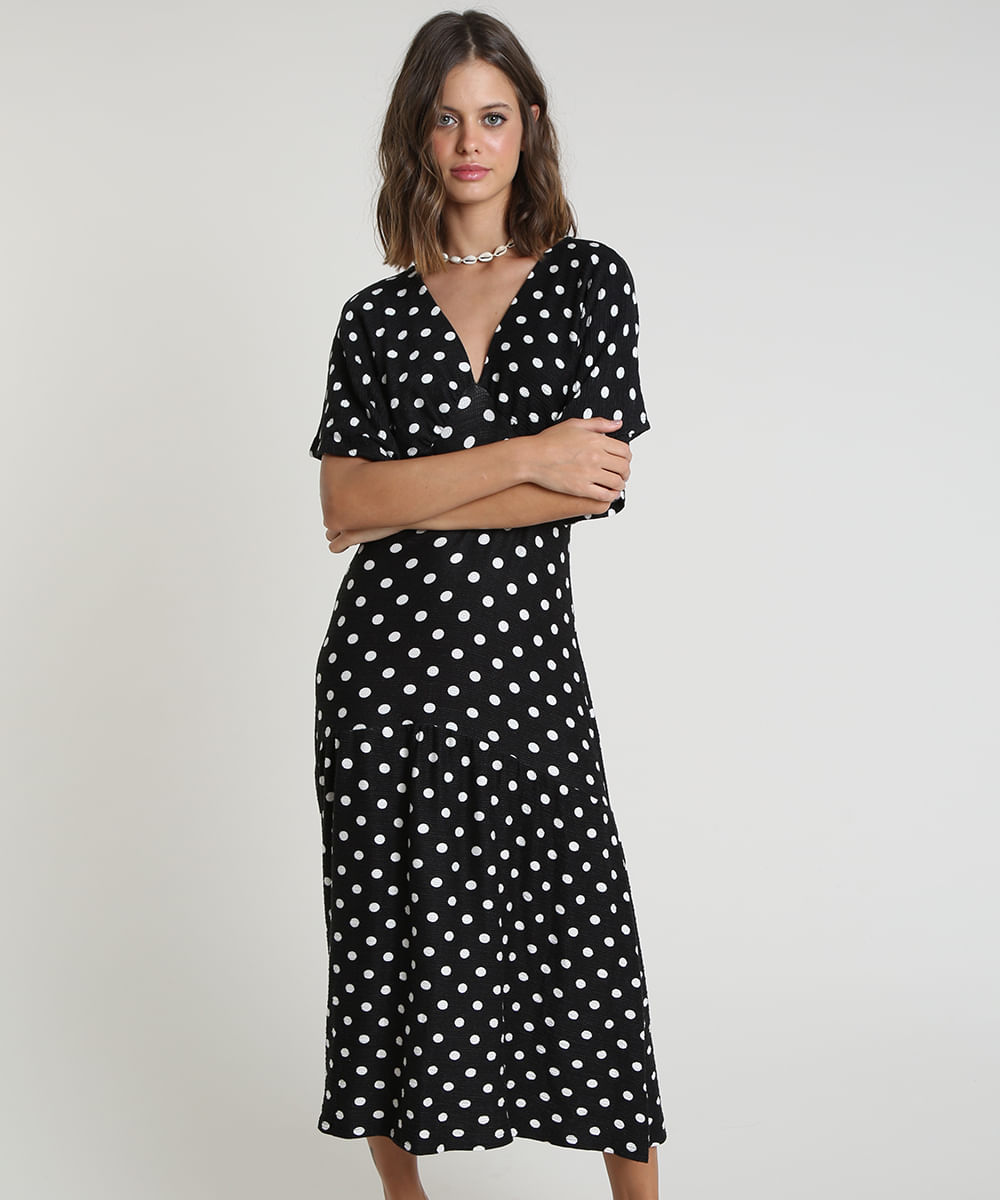 Vestido de poá preto e branco com gola curta, da C&A