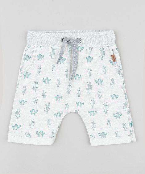 Bermuda Infantil Estampada de Cactos em Moletom Cinza Mescla Claro